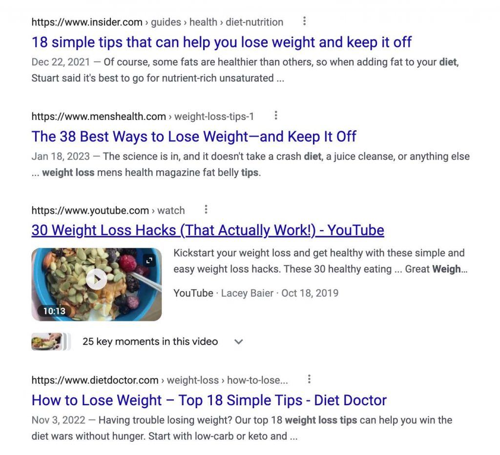 Google SERP example for dieting tips
