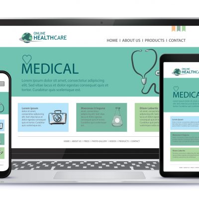Electronic screens display the layout of a healthcare provider's website.