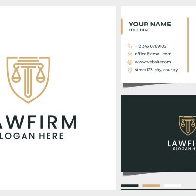 Law firm marketing concept, branding elements like a logo and contact card